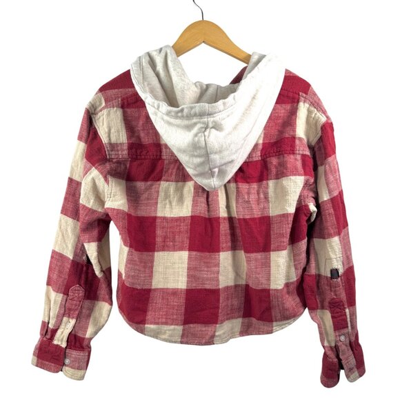 American Eagle hooded plaid crop relaxed button top red preppy sz M - Picture 2 of 7